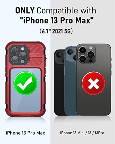 WIFORT iPhone 13 Pro Max Waterproof Metal Case - Built-in [Screen Protector][15FT Military Grade Shockproof][IP68 Water Proof], Full Body Aluminum Protective Dropproof Cover, 6.7" Red