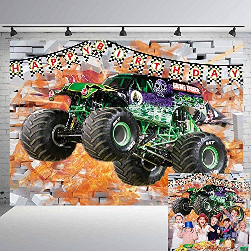 QUEENMO Monster Truck Backdrop Birthday Party Backdrop Racing Cars Grave Digger Checkered Flag Photography Background for Baby Boy Cake Table Decorations Banner Photo Booth Props Supplies