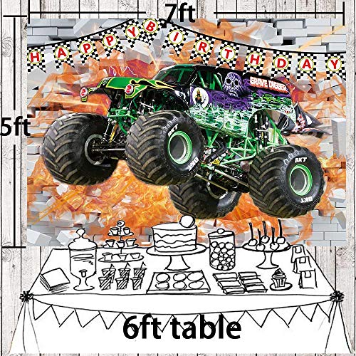 QUEENMO Monster Truck Backdrop Birthday Party Backdrop Racing Cars Grave Digger Checkered Flag Photography Background for Baby Boy Cake Table Decorations Banner Photo Booth Props Supplies