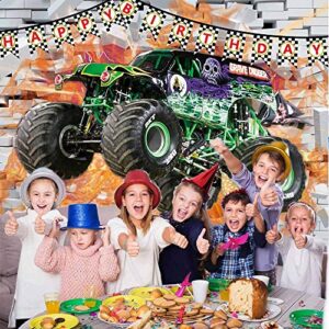 QUEENMO Monster Truck Backdrop Birthday Party Backdrop Racing Cars Grave Digger Checkered Flag Photography Background for Baby Boy Cake Table Decorations Banner Photo Booth Props Supplies