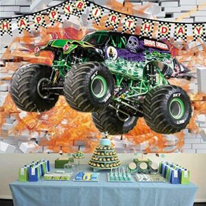 QUEENMO Monster Truck Backdrop Birthday Party Backdrop Racing Cars Grave Digger Checkered Flag Photography Background for Baby Boy Cake Table Decorations Banner Photo Booth Props Supplies