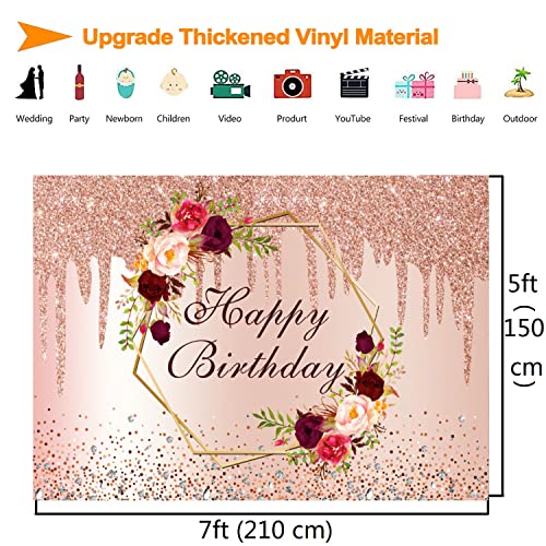InMemory Glitter Rose Gold Birthday Backdrop Burgundy Flower Happy Birthday Photography Background Pink Gold Floral Backdrops for Women Girl Adult Bday Party Decorations Banner Photo Booth Props 7x5ft