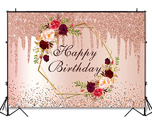 InMemory Glitter Rose Gold Birthday Backdrop Burgundy Flower Happy Birthday Photography Background Pink Gold Floral Backdrops for Women Girl Adult Bday Party Decorations Banner Photo Booth Props 7x5ft
