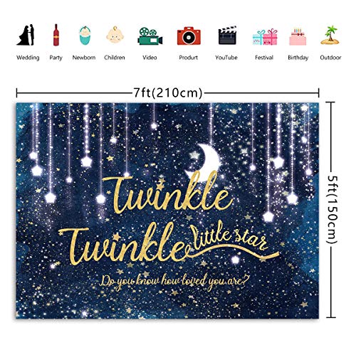 Twinkle Twinkle Little Star Backdrop Night Sky Shinning Star and Moon Galaxy Space Photography Background Glitter Star Children Birthday Baby Shower Party Supplies 7x5FT