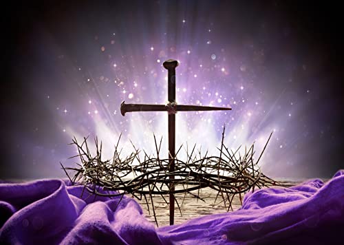 Loccor Fabric 7x5ft Crucifixion of Jesus Backdrop Crown of Thorns Cross Nail Holy Light Photography Background Purple Easter Religious Banner Christian Church Event Party Decoration Photo Booth Props