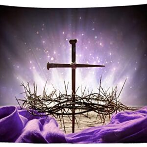 Loccor Fabric 7x5ft Crucifixion of Jesus Backdrop Crown of Thorns Cross Nail Holy Light Photography Background Purple Easter Religious Banner Christian Church Event Party Decoration Photo Booth Props