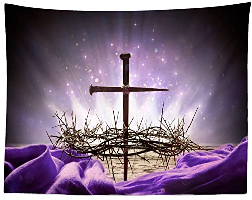 Loccor Fabric 7x5ft Crucifixion of Jesus Backdrop Crown of Thorns Cross Nail Holy Light Photography Background Purple Easter Religious Banner Christian Church Event Party Decoration Photo Booth Props