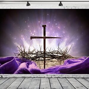 Loccor Fabric 7x5ft Crucifixion of Jesus Backdrop Crown of Thorns Cross Nail Holy Light Photography Background Purple Easter Religious Banner Christian Church Event Party Decoration Photo Booth Props