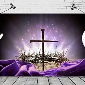 Loccor Fabric 7x5ft Crucifixion of Jesus Backdrop Crown of Thorns Cross Nail Holy Light Photography Background Purple Easter Religious Banner Christian Church Event Party Decoration Photo Booth Props