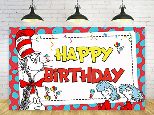 Red Backdrop for Birthday Party Decorations Dr Seuss Background for Baby Shower Party Cake Table Decorations Supplies Cat in The Hat Theme Banner 5x3ft