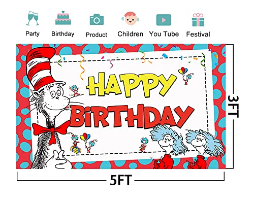 Red Backdrop for Birthday Party Decorations Dr Seuss Background for Baby Shower Party Cake Table Decorations Supplies Cat in The Hat Theme Banner 5x3ft