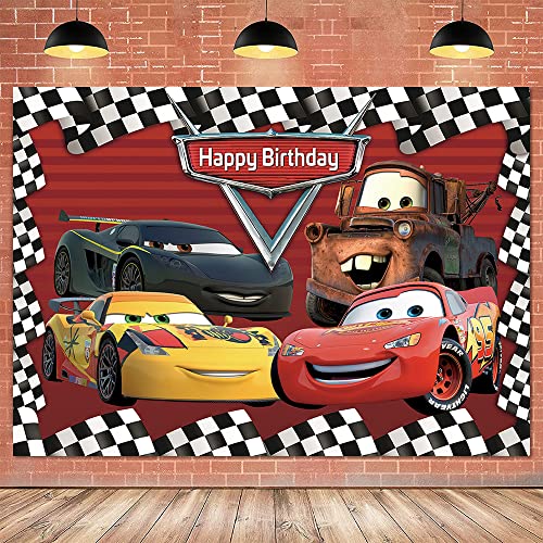 7x5ft Cartoon Car Mobilization Photography Backdrop Racing Story Red Gird Checkered Photo Background for Boy Kids Cars Theme Happy Birthday Party Decoration Banner