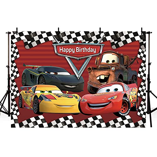 7x5ft Cartoon Car Mobilization Photography Backdrop Racing Story Red Gird Checkered Photo Background for Boy Kids Cars Theme Happy Birthday Party Decoration Banner