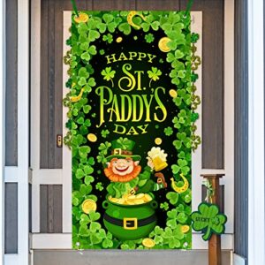 deroro st. patrick’s day door cover decorations, shamrock clover leprechaun door green background banner for front door indoor outdoor decor, irish party supplies 35.4 x 70.8 inch