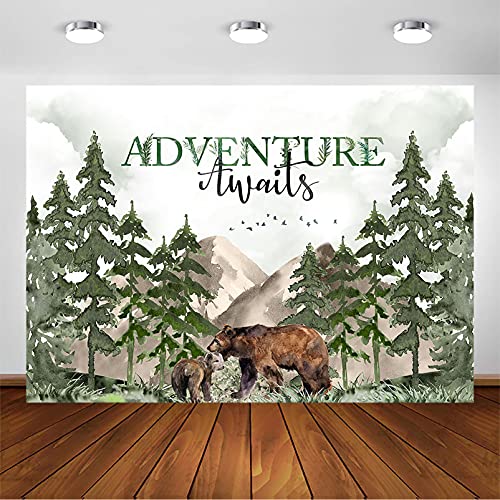 Avezano Adventure Awaits Baby Shower Backdrop Mountain Wilderness Woodland Baby Shower Decorations Photography Background Watercolor Greenery Forest Party Photoshoot Backdrops (7x5ft)