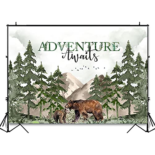 Avezano Adventure Awaits Baby Shower Backdrop Mountain Wilderness Woodland Baby Shower Decorations Photography Background Watercolor Greenery Forest Party Photoshoot Backdrops (7x5ft)