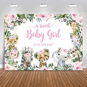 mocsicka girl safari baby shower backdrop jungle animals sweet baby girl background pink floral greenery baby shower party cake table decoration photo booth props (7x5ft)