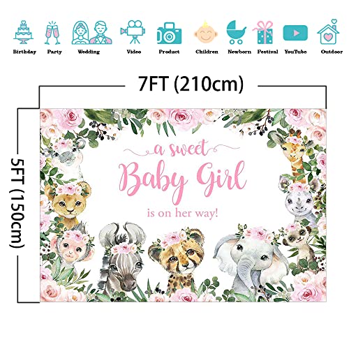 Mocsicka Girl Safari Baby Shower Backdrop Jungle Animals Sweet Baby Girl Background Pink Floral Greenery Baby Shower Party Cake Table Decoration Photo Booth Props (7x5ft)