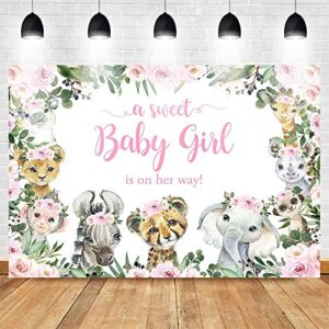 Mocsicka Girl Safari Baby Shower Backdrop Jungle Animals Sweet Baby Girl Background Pink Floral Greenery Baby Shower Party Cake Table Decoration Photo Booth Props (7x5ft)