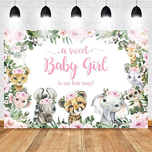 Mocsicka Girl Safari Baby Shower Backdrop Jungle Animals Sweet Baby Girl Background Pink Floral Greenery Baby Shower Party Cake Table Decoration Photo Booth Props (7x5ft)