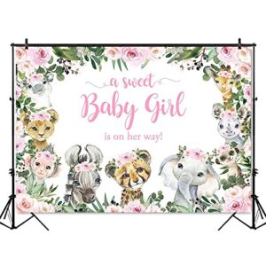 Mocsicka Girl Safari Baby Shower Backdrop Jungle Animals Sweet Baby Girl Background Pink Floral Greenery Baby Shower Party Cake Table Decoration Photo Booth Props (7x5ft)