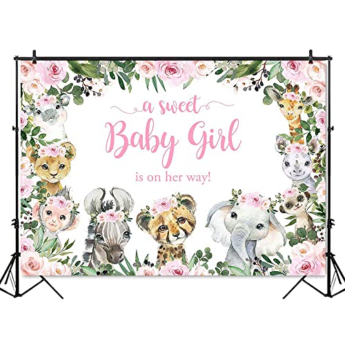 Mocsicka Girl Safari Baby Shower Backdrop Jungle Animals Sweet Baby Girl Background Pink Floral Greenery Baby Shower Party Cake Table Decoration Photo Booth Props (7x5ft)