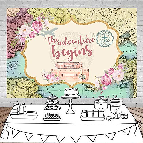 Mocsicka Adventure Awaits Backdrop Global Travel Adventure Begins Travel Baby Shower Party Decorations Vinyl Dessert Table Background Photobooth Prop (7x5ft)