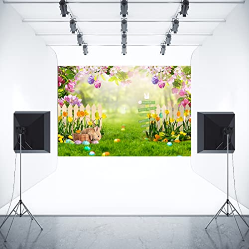 Aperturee Spring Easter Garden Photography Backdrop 7x5ft Bokeh Rabbit Bunny Colorful Eggs Fence Grass Pink and Purple Floral Butterfly Background Party Decoration Kids Children Props Photo Booth