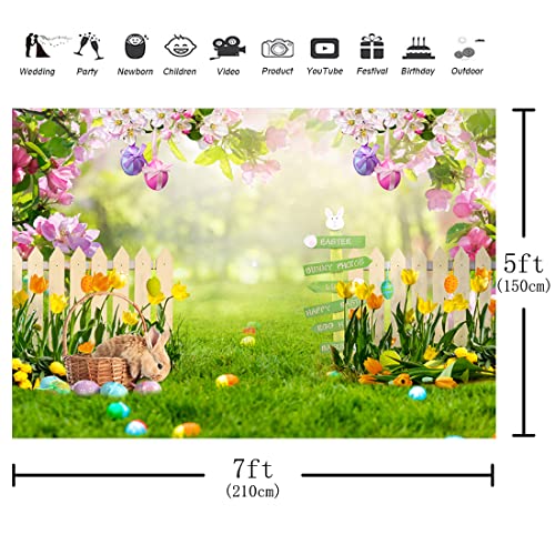 Aperturee Spring Easter Garden Photography Backdrop 7x5ft Bokeh Rabbit Bunny Colorful Eggs Fence Grass Pink and Purple Floral Butterfly Background Party Decoration Kids Children Props Photo Booth