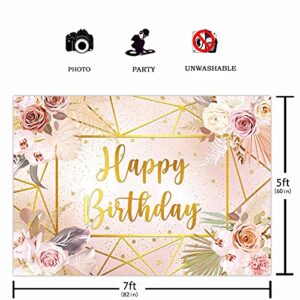 Funnytree 7X5FT Boho Happy Birthday Backdrop Flower Roses Leaves Background Woman Girl Bday Party Supplies Banner Cake Table Decor Photobooth Studio Props Gift Favors