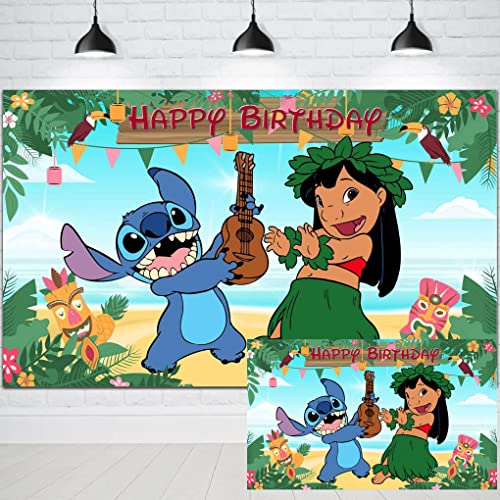 Chunyunfafalou Lilo and Stitch Birthday Party Backdrop Supplies Hola Hawaii Tropical Luau Banner for Girl Baby Shower Summer Beach Ocean Background 5x3ft Photo Booth Props