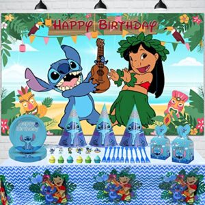 Chunyunfafalou Lilo and Stitch Birthday Party Backdrop Supplies Hola Hawaii Tropical Luau Banner for Girl Baby Shower Summer Beach Ocean Background 5x3ft Photo Booth Props