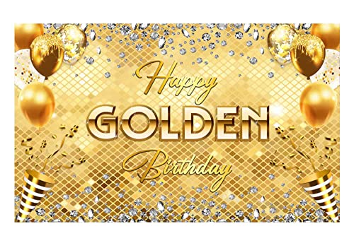 Funnytree 70.8" x 43.3" Happy Golden Birthday Backdrop Gold Shiny Glitter Diamonds Balloons Background Bday Girls Luxury Party Supplies Banner Cake Table Decor Photobooth Props Gifts Fabric