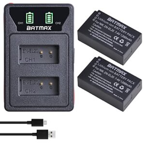 batmax en-el20 battery (2-pack) + led built-in usb lcd charger for nikon en-el20 en-el20a nikon p1000,1 j1, 1 j2, 1 j3, 1 s1, 1 v3, coolpix a, 1 aw1,coolpix p950 cameras