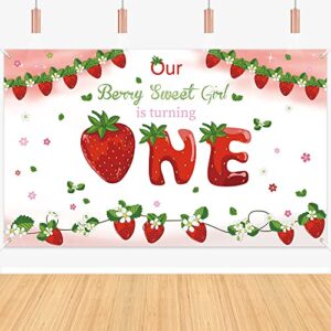 strawberry 1st birthday backdrop for girls, our berry sweet is turning baby girls first birthday background, 42.9 x 70.2 inches photography props summer fruits kids party decorations