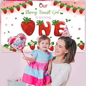 Strawberry 1st Birthday Backdrop for Girls, Our Berry Sweet is Turning Baby Girls First Birthday Background, 42.9 x 70.2 inches Photography Props Summer Fruits Kids Party Decorations