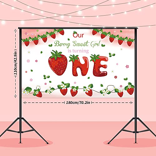 Strawberry 1st Birthday Backdrop for Girls, Our Berry Sweet is Turning Baby Girls First Birthday Background, 42.9 x 70.2 inches Photography Props Summer Fruits Kids Party Decorations