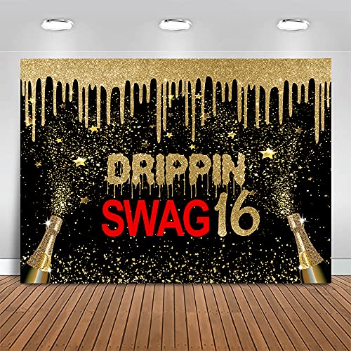 Mocsicka Drippin Swag 16 Birthday Backdrop Gold Black Hip Hop Birthday Party Decoration Teenager Boy Man Swag Birthday Background (7x5ft (82x60 inch))