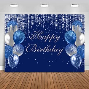mocsicka royal blue and silver happy birthday backdrop blue balloons glitter bokeh dots photography background for adults women birthday party decoration banner photo booth props (7x5ft)