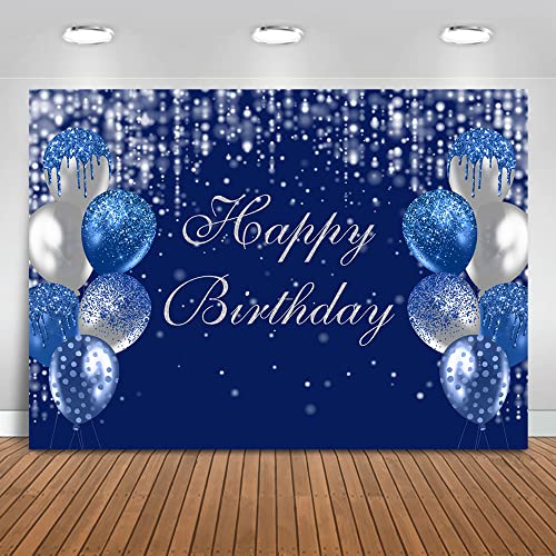 Mocsicka Royal Blue and Silver Happy Birthday Backdrop Blue Balloons Glitter Bokeh Dots Photography Background for Adults Women Birthday Party Decoration Banner Photo Booth Props (7x5ft)