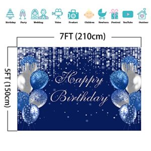 Mocsicka Royal Blue and Silver Happy Birthday Backdrop Blue Balloons Glitter Bokeh Dots Photography Background for Adults Women Birthday Party Decoration Banner Photo Booth Props (7x5ft)