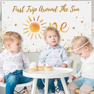 Boho Sun First Trip Around The Sun Backdrop First Birthday Photography Backdrop Sunshine Banner for Baby Shower Sun Theme Boys Girls 1st Birthday Party Photo Background Decoration Supplies