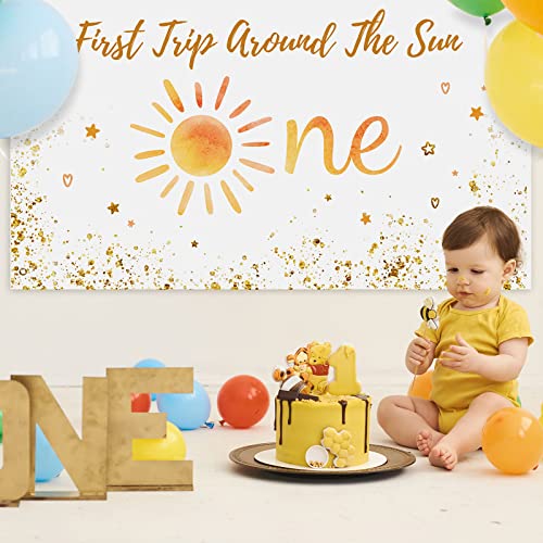 Boho Sun First Trip Around The Sun Backdrop First Birthday Photography Backdrop Sunshine Banner for Baby Shower Sun Theme Boys Girls 1st Birthday Party Photo Background Decoration Supplies