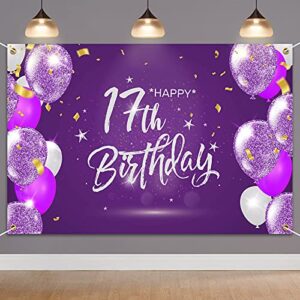 hamigar 6x4ft happy 17th birthday banner backdrop – 17 years old birthday decorations party supplies for girls – purple