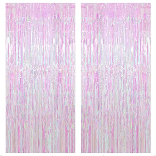 2 Pack Transparent Rainbow Fringe Curtains, 3.2 x 8.2 ft Iridescent Photo Booth Streamer Tinsel Curtains Background for Bachelorette Birthday Wedding Graduation Holiday Decor (Clear)