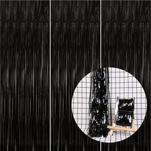 black party decorations 3 packs black foil fringe curtain tinsel backdrop curtain for birthday party 3.2 ft x 8.2 ft door streamers foil backdrop curtain halloween wall backdrop photo booth