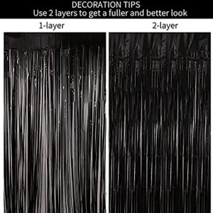 Black Party Decorations 3 Packs Black Foil Fringe Curtain Tinsel Backdrop Curtain for Birthday Party 3.2 Ft X 8.2 Ft Door Streamers Foil Backdrop Curtain Halloween Wall Backdrop Photo Booth