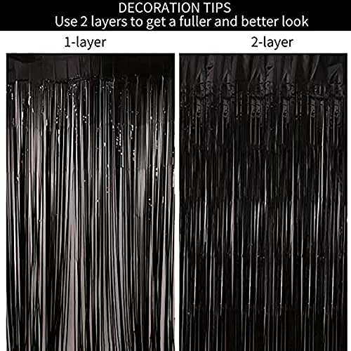 Black Party Decorations 3 Packs Black Foil Fringe Curtain Tinsel Backdrop Curtain for Birthday Party 3.2 Ft X 8.2 Ft Door Streamers Foil Backdrop Curtain Halloween Wall Backdrop Photo Booth