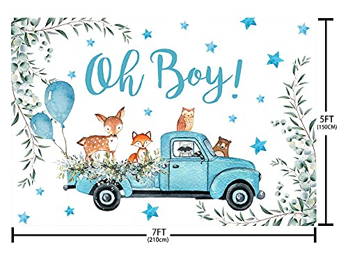 ABLIN 7x5ft Boy Baby Shower Woodland Theme Party Backdrop Oh Boy Blue Truck Balloons Green Leaves Cute Sika Deer Owl Fox Bear Photo Background Gender Reveal Party Decorations Props