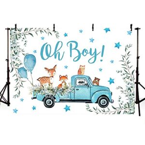 ABLIN 7x5ft Boy Baby Shower Woodland Theme Party Backdrop Oh Boy Blue Truck Balloons Green Leaves Cute Sika Deer Owl Fox Bear Photo Background Gender Reveal Party Decorations Props